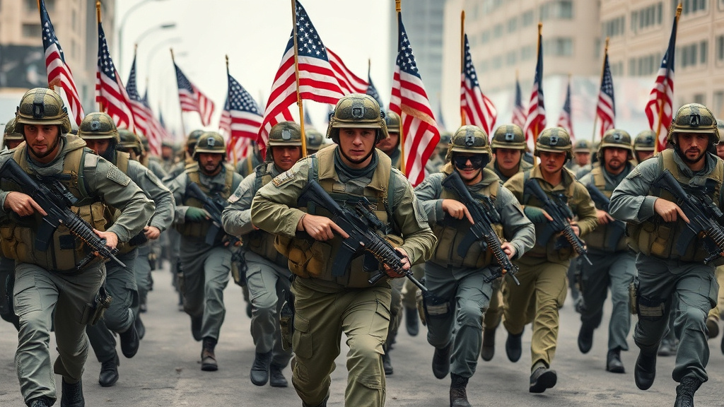 Prompt: 20-30 American Patriot Citizen Soldiers, Civilian Clothes, Running Into Battle, American Flags, Civilian Clothes, Military Weapons, Urban Battlefield, 