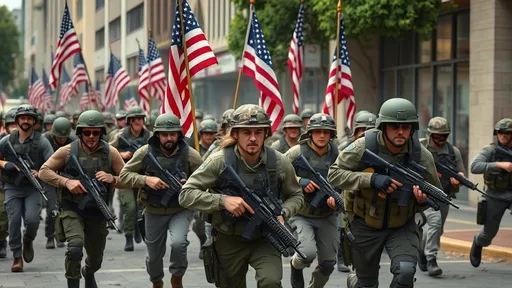 Prompt: 20-30 American Patriot Citizen Soldiers, Civilian Clothes, Running Into Battle, American Flags, Civilian Clothes, Military Weapons, Urban Battlefield, 