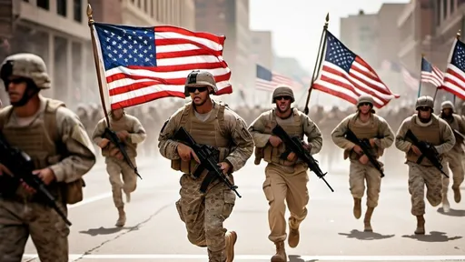 Prompt: American Patriot Citizen Soldiers, Civilian Clothes, Running Into Battle, American Flags, Civilian Clothes, Military Weapons, Urban Battlefield, 