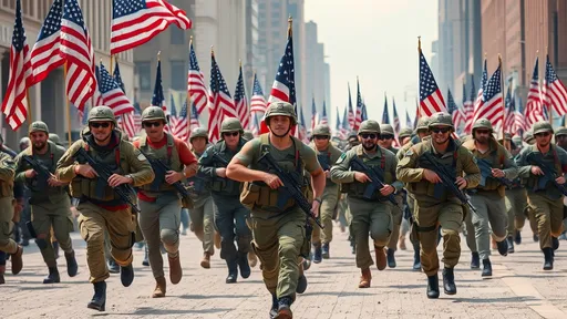 Prompt: 20-30 American Patriot Citizen Soldiers, Civilian Clothes, Running Into Battle, American Flags, Civilian Clothes, Military Weapons, Urban Battlefield, 