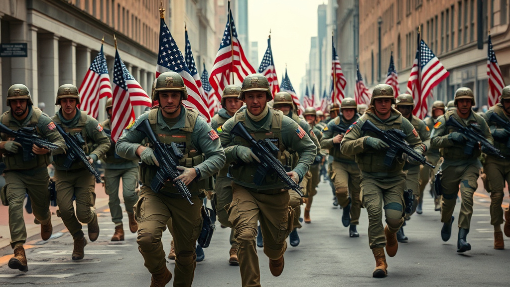 Prompt: 20-30 American Patriot Citizen Soldiers, Civilian Clothes, Running Into Battle, American Flags, Civilian Clothes, Military Weapons, Urban Battlefield, 