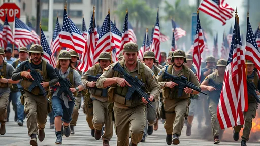 Prompt: 20-30 American Patriot Citizen Soldiers, Civilian Clothes, Running Into Battle, American Flags, Civilian Clothes, Military Weapons, Urban Battlefield, 