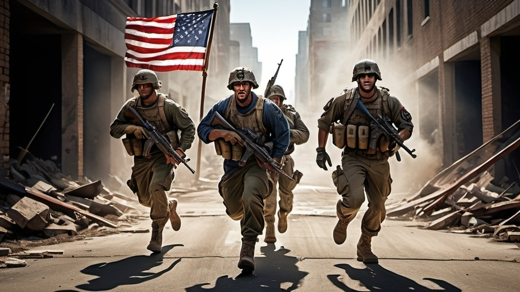 Prompt: American Patriot Citizen Soldiers, Running Into Battle, American Flags, Civilian Clothes, Military Weapons, Urban Battlefield, 