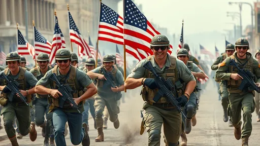 Prompt: 20-30 American Patriot Citizen Soldiers, Civilian Clothes, Running Into Battle, American Flags, Civilian Clothes, Military Weapons, Urban Battlefield, 