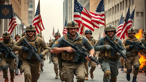 Prompt: American Patriot Citizen Soldiers, Civilian Clothes, Running Into Battle, American Flags, Civilian Clothes, Military Weapons, Urban Battlefield, 