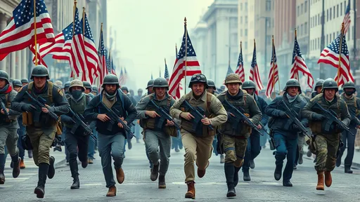 Prompt: 20-30 American Patriot Citizen Soldiers, Civilian Clothes, Running Into Battle, American Flags, Civilian Clothes, Military Weapons, Urban Battlefield, 