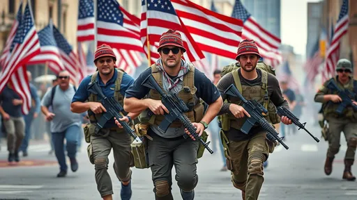 Prompt: American Patriot Citizen Soldiers, Civilian Clothes, Running Into Battle, American Flags, Civilian Clothes, Military Weapons, Urban Battlefield, 