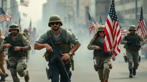 Prompt: American Patriot Citizen Soldiers, Civilian Clothes, Running Into Battle, American Flags, Civilian Clothes, Military Weapons, Urban Battlefield, 