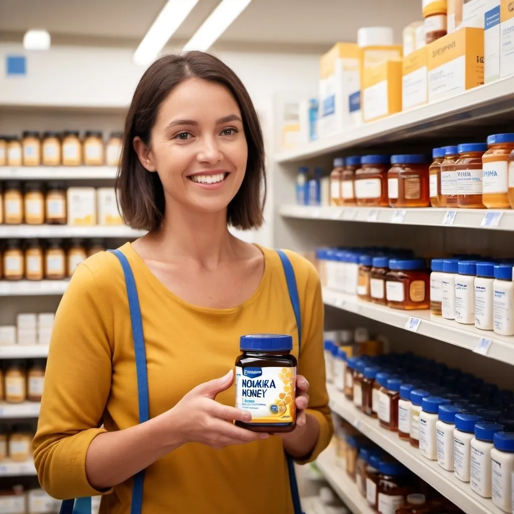 Prompt: Consumer insights shopper image - aged 35 female shopping in pharmacy holding Manuka Health Honey Jar