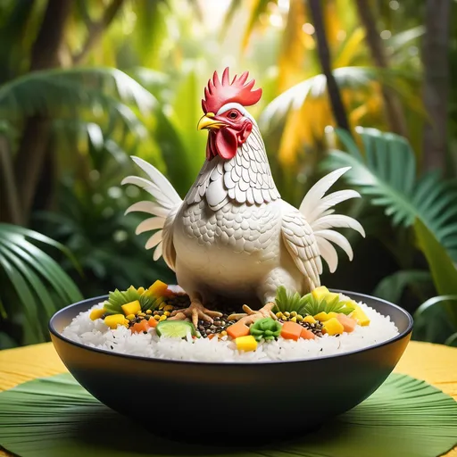 Prompt: Bald chicken meditating, seated gracefully on a vibrant bowl of fluffy white rice, surrounded by tropical vibes, adorned with bright Jamaican colors, such as green, yellow, and black, radiating tranquility, lush foliage in the background, warm light illuminating the scene, ultra-detailed, harmonious ambiance, evoking peace and joy, softly textured rice grains under gentle light. with jamaican hair 