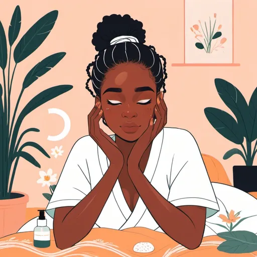 Prompt: 2d flat art, black girl Take time for self-care daily.