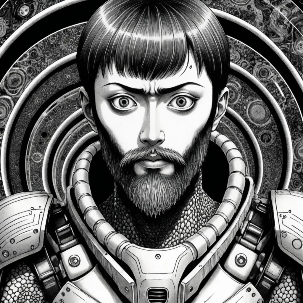 Prompt: Junji Ito manga style, man with beard in futuristic hunter armor 