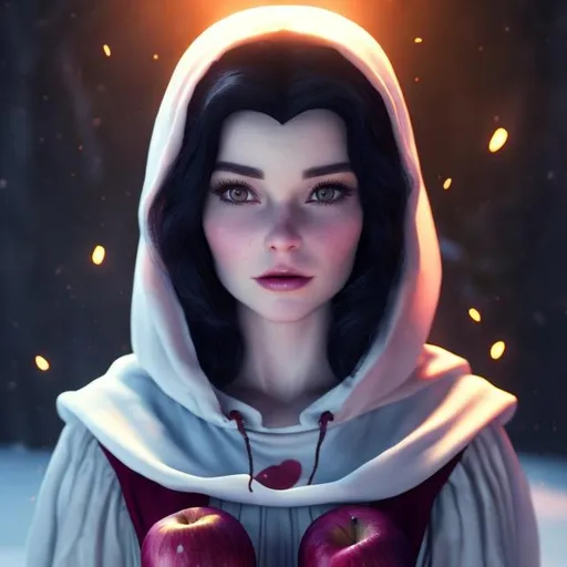 Prompt: snow white with an apple, cloaked ,hyperrealistic,  front of the body,whole body visible, full character visible, soft lighting, high definition, ultra realistic, unreal engine 5, 8K, digital art, 
