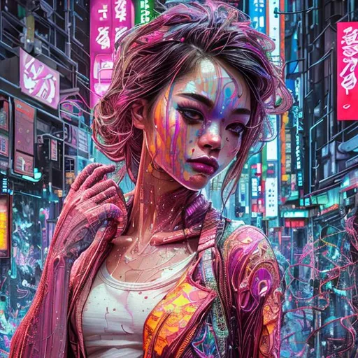 Prompt: ((best quality)), ((masterpiece)), ((realistic)), hd octane render,A girl wearing fancy street wear, tokyo, neon light, centered, intricate, highly detailed, breathtaking beauty, precise lineart, vibrant, comprehensive cinematic , Conrad Roset,,Carne Griffiths, 8k, oil painting, cinematic lighting, best quality, highres, dynamic pose SMILE, african