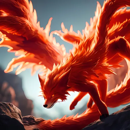 Prompt: nine tailed fox, red background, soft lighting, fullbody visible, high definition, ultra realistic, unreal engine 5, 8K, digital art, 
