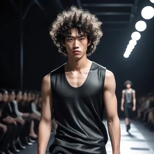 Prompt: /Imagine prompt: A curly-haired East Asian man wearing a sleeveless top, confidently walking down the Balenciaga runway, surrounded by avant-garde fashion elements, moody and dramatic lighting, high fashion style, intense facial expression, sleek modern runway design, dynamic motion, ultra-detailed textures on fabric, cinematic angle, photorealistic, 8k resolution.