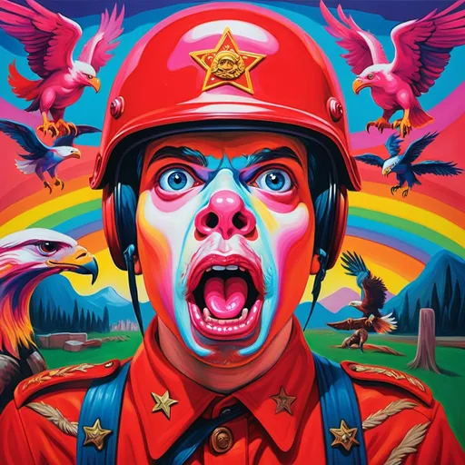 Prompt: art inspired by Edvard Munch's scream painting but vibrant like Lisa Frank. A man with a pig head.  He is wearing a red army helmet. There are eagles attacking him.