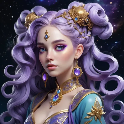 Prompt: A highly detailed, realistic woman. She has long, flowing lavender hair styled into intricate buns with soft curls cascading down her back. Her eyes are a bright and glowing violet, giving her an ethereal and otherworldly appearance. She is wearing an elaborate, fantasy-themed outfit in shades of blue and gold, with elements of celestial and aquatic themes. Her attire includes ornate armor pieces on her shoulders and chest, with gold detailing, as well as flowing translucent fabric accents that resemble fins or wings. She stands gracefully, with delicate sandals that match the light, flowing nature of her overall look. Her expression is calm and serene, reflecting her regal and mystical nature.