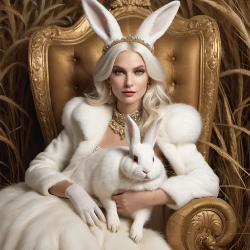 Prompt: A photorealistic image of a White rabbit queen with sharp and intelligent expression on its beautiful smily happy face with crone, full body rabbit-woman. She is wearing from golden and silver fur and pearls in hair and rabbit legs It is pretty energetic haute couture photoshoot for Vogue.this rabbit is laying on Golden grass  like on the throne