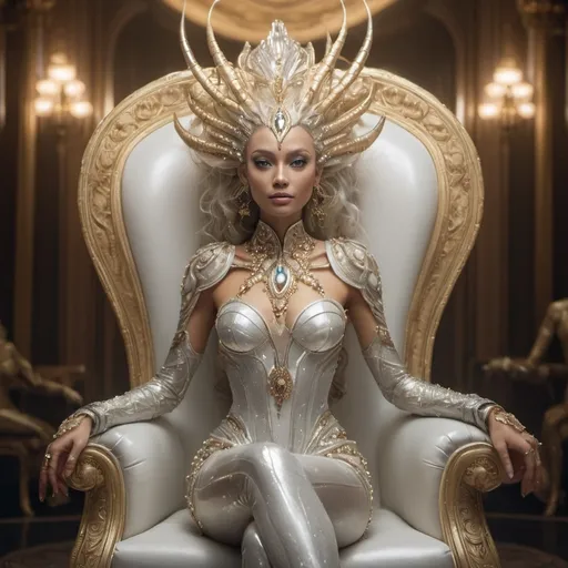 Prompt: A photorealistic image of an alien queen with sharp and intelligent expression on its beautiful smily Happy face and white luminousy transparent membrane skin with crone, full body alien female. She is wearing from golden and silver transparent membrane and pearls in hair. It is pretty energetic haute couture photoshoot for Vogue.she is sitting on Golden the throne in the space palace