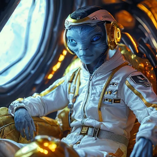 Prompt: A photorealistic image of an luminousy queen alien with sharp and intelligent expression in big blue eyes on its beautiful smily Happy and luminousy transparent membrane skin and wearing legendary White Adidas track suit with 3 lines. It is pretty energetic photoshoot. she is sitting on Golden the chair in the space ship drinking wine. You can se the dark sky space with planets thrue the circle window behind

 