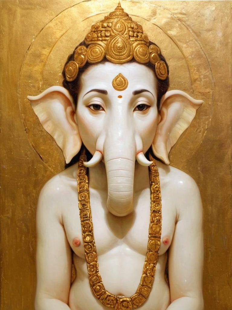 Prompt: the whole body of the Golden Ganesha in the Gustav Klimt style of painting with  halo above head. The background is in gold 