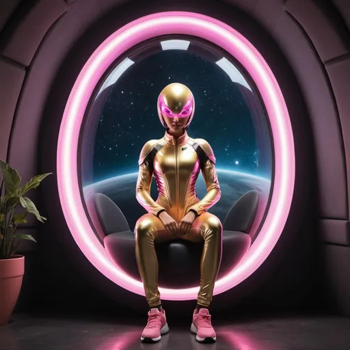 Prompt: A photorealistic image of an luminousy queen alien with sharp and intelligent expression in big egg blud eyes on its beautiful smily Happy face and pink luminousy transparent membrane skin with crone, full body alien female. She has golden and silver transparent luminous membrane skin and wearing legendary Adidas track suit with 3 lines. It is pretty energetic photoshoot. she is sitting on Golden the chair in the space ship. You can se the dark sky space with planets thrue the circle window behind