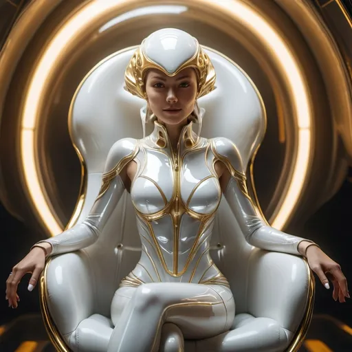 Prompt: A photorealistic image of an luminousy queen alien with sharp and intelligent expression on its beautiful smily Happy face and white luminousy transparent membrane skin with crone, full body alien female. She is wearing golden and silver transparent luminous membrane. It is pretty energetic photoshoot. she is sitting on Golden the chair in the space ship