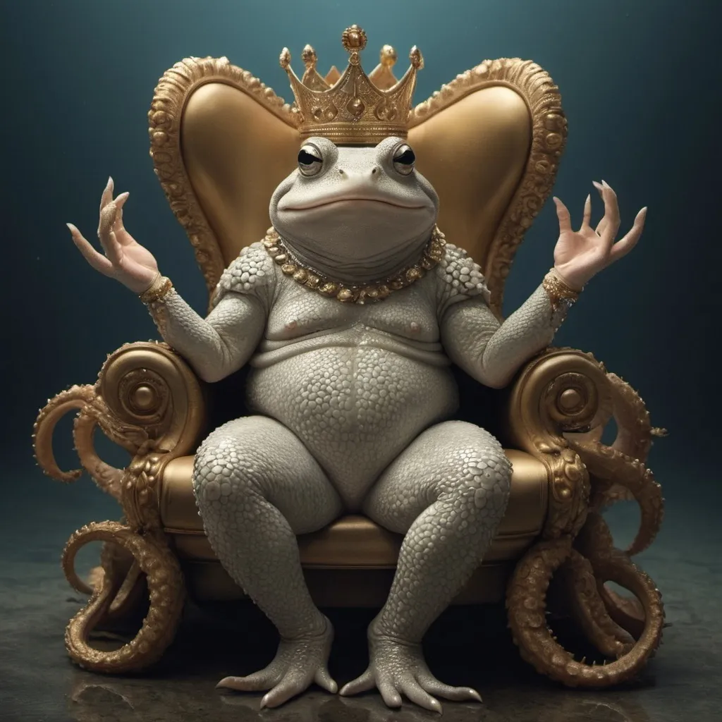 Prompt: A photorealistic image of a toad with sharp and intelligent expression on its beautiful smily happy face, representing a queen, full body toad-woman. She is wearing a modest dress from golden and silver scales and pearls and Medusa hair and toad legs It is pretty energetic haute couture photoshoot for Vogue.this frog is sitting on Golden tentacle Of octopus like on the throne under water with little fish around 