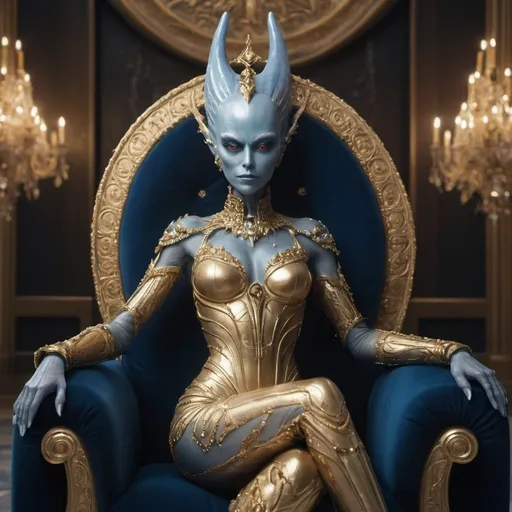 Prompt: A photorealistic image of an alien queen with sharp and intelligent expression on its beautiful smily face and blue transparent membrane skin with crone, full body alien female. She is wearing from golden and silver transparent membrane and pearls in hair. It is pretty energetic haute couture photoshoot for Vogue.she is sitting on Golden the throne in the space palace