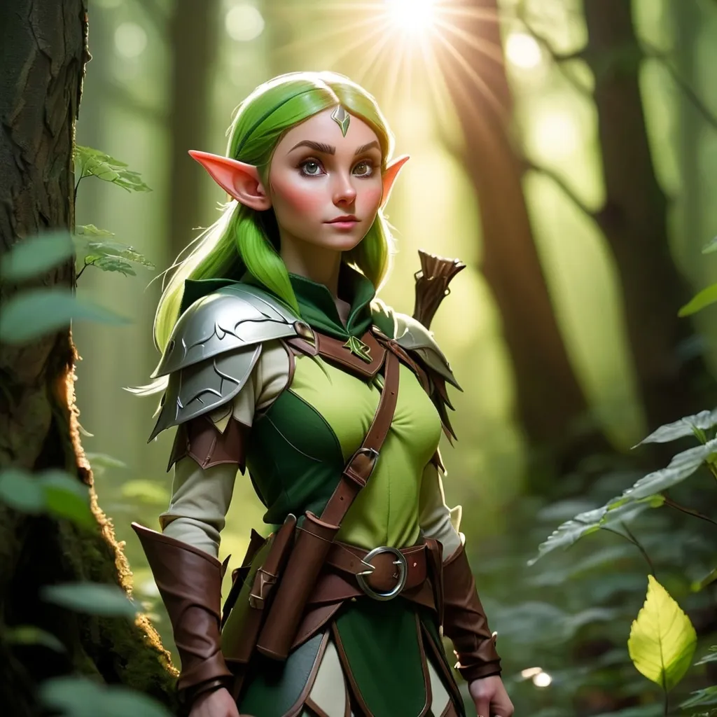 Prompt: Elf ranger in a mystical forest around sunlight