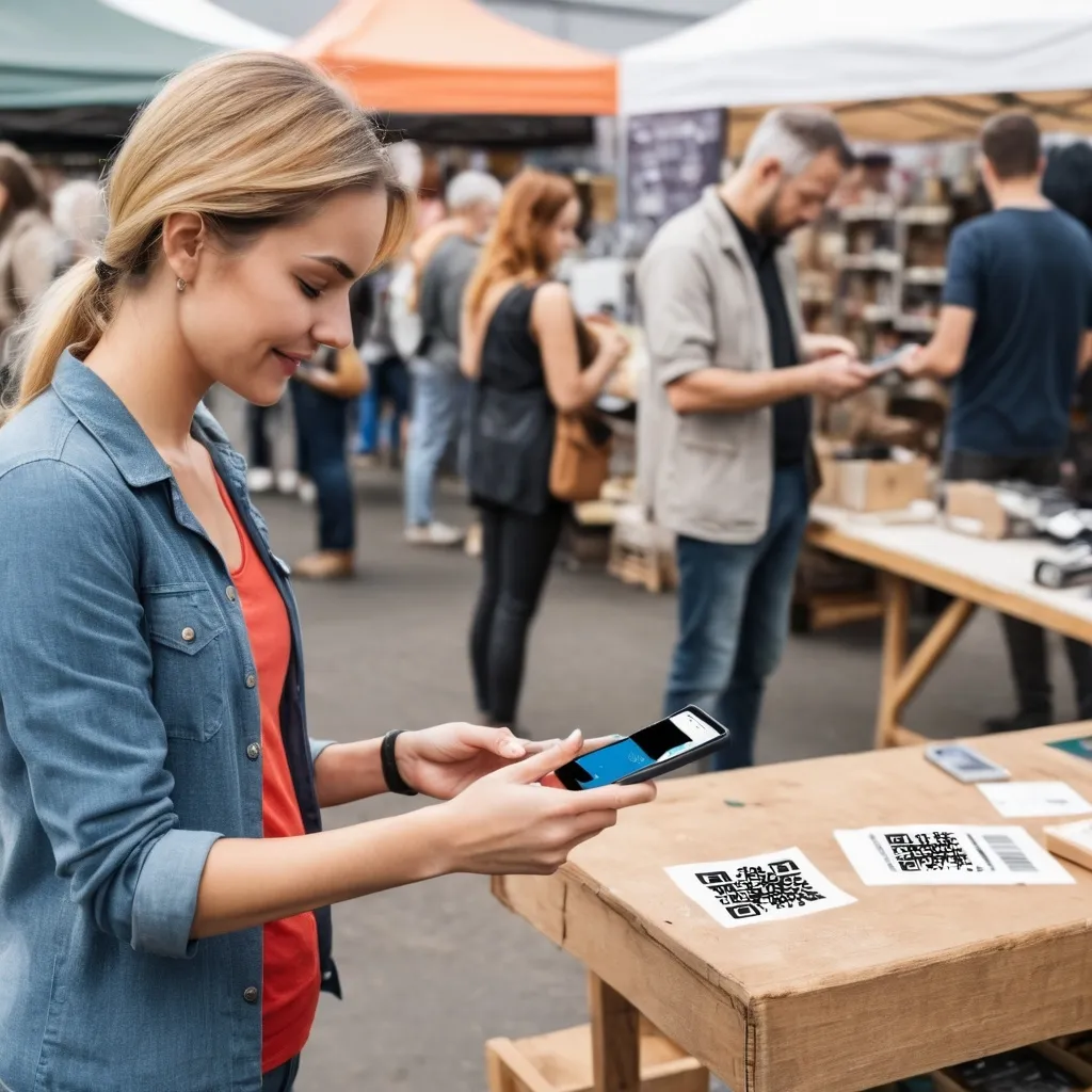 Prompt: a woman who is scanning a qr code (with space left for a logo) with her phone at a fleamarket check out 
