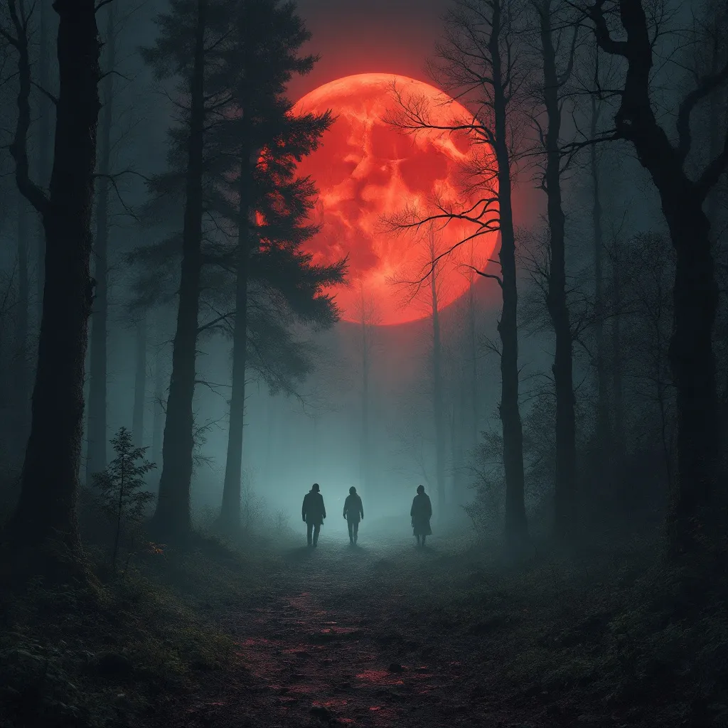 Prompt:  foggy woods with shadows and a blood moon