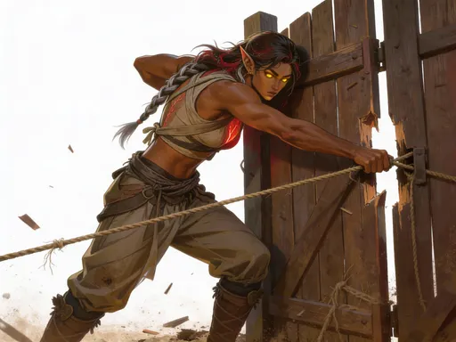 Prompt: There are attached images for the woman 

Nevaeh is a tall, muscular elven woman with an athletic, powerful build — visibly toned shoulders, arms, and legs, built from years of survival and combat rather than elegance.  most notably a subtle glowing red fracture-like mark centered on her chest and branching slightly outward, and a long healed scar along her neck That is not red. Her eyes are smoldering long lashes and glow a vivid, intense yellow, sharp and alert even at rest. Her hair is dark brown with emerging silver streaks threaded naturally through it, not symmetrical, slightly wild and wind-tossed. Her presence feels grounded, dangerous, There's a elegant ornamental about her.
Nevaeh is shown actively repairing a broken wooden gate, bracing it with her shoulder while pulling a rope taut with one arm.

She wears loose, layered trousers tied at the waist and calves, fabric hanging in soft folds that shift as she leans and pulls. Her top is a wrapped, sleeveless crop, crossed over the chest and tied at the back, designed for labor rather than display.

Her arms and back are visibly toned and strong, muscles flexing naturally under strain. The chest scar is briefly visible as the fabric shifts with movement.

Her posture is grounded and practical — knees bent, weight set, jaw clenched with focus.Her hair is braided loosely along one side, with silver strands threaded unevenly through dark hair, catching the light.

The scene feels lived-in and unglamorous: wood splinters, rope fibers, dirt under her nails. She is fixing something because it needs fixing.