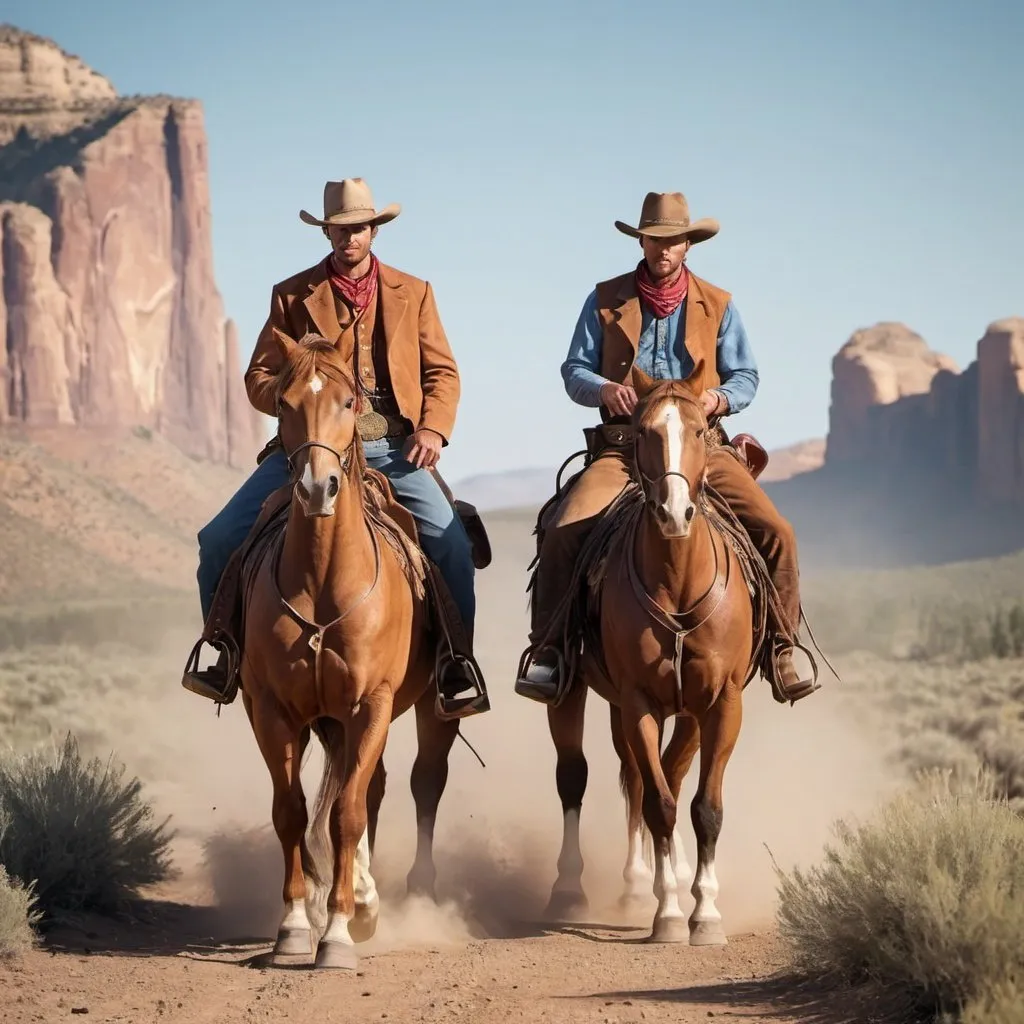 Prompt: can you generate a Wild West image with 2 horses and cowboys 
