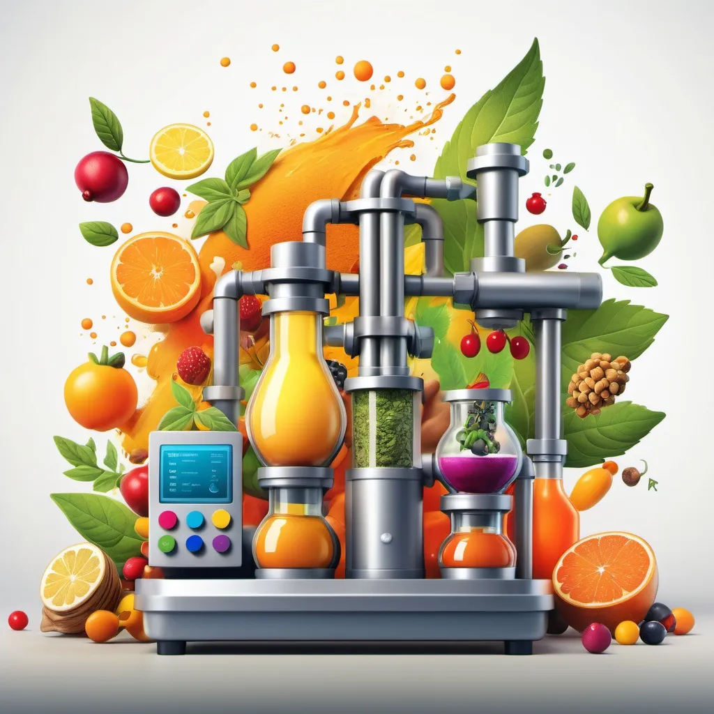 Prompt: Create a dynamic and colorful illustration that symbolizes innovation in the food flavoring industry. Include elements such as modern lab equipment, diverse natural ingredients, and creative flavor combinations. The overall atmosphere should feel energetic and inspiring, highlighting the blend of nature and technology in flavor development.