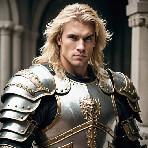 Prompt: An strong men with a big armor and blond hair