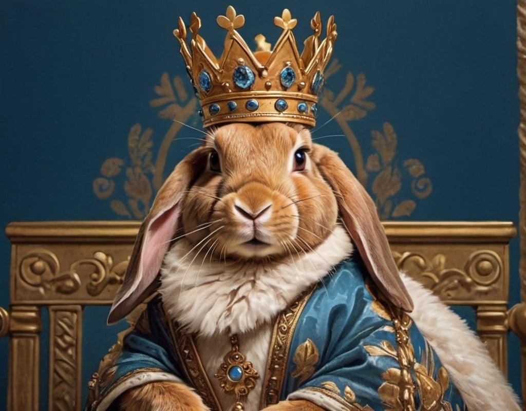 Prompt: a queen light brown rabbit with  one flopped ear, wearing a crown sitting on a blue and gold throne 
