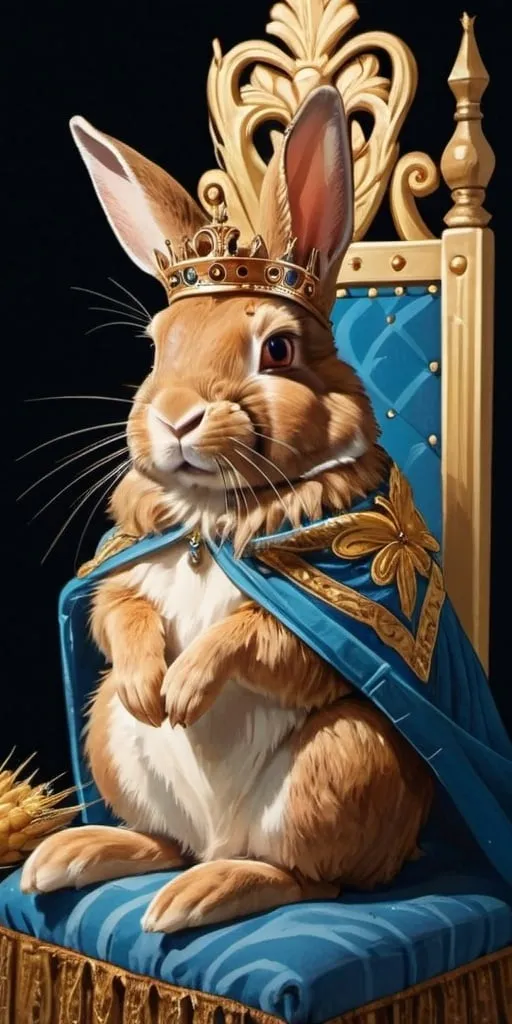 Prompt: a queen light brown rabbit with  one flopped ear, wearing a crown sitting on a blue and gold throne eating wheat
