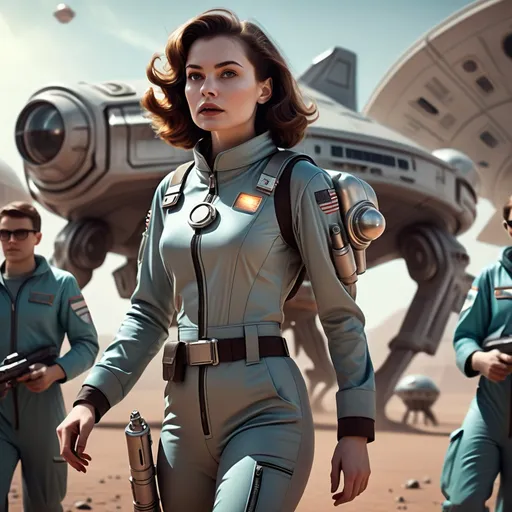 Prompt: woman, young, beautiful, dressed in stylish space uniform, walking away from a spaceship, armed with a ray gun, science-fiction, pulp style, scenery has distant alien structures, danger lurks around every corner