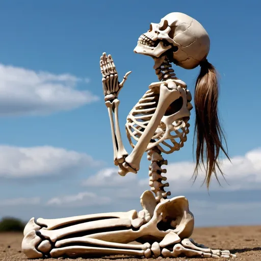 Prompt: side view of a 
female skeleton praying on their knees 
 witht their hands up looking up to the sky as if they were looking at somebody 

