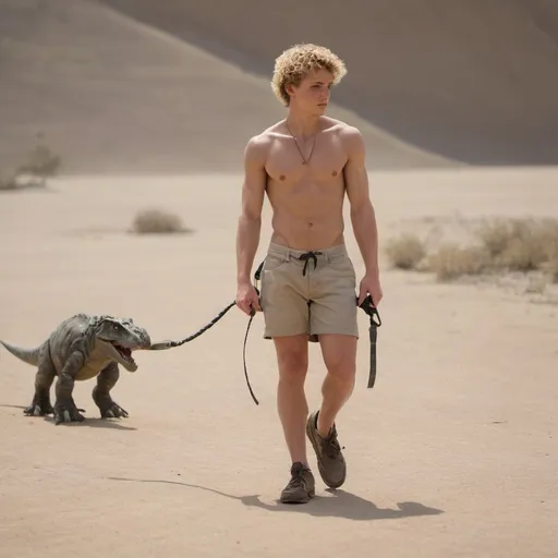 Prompt: action shot photorealistic side-view of a blond curly haired bare chested slim muscular 16 year old man walking dinosaur leash 

