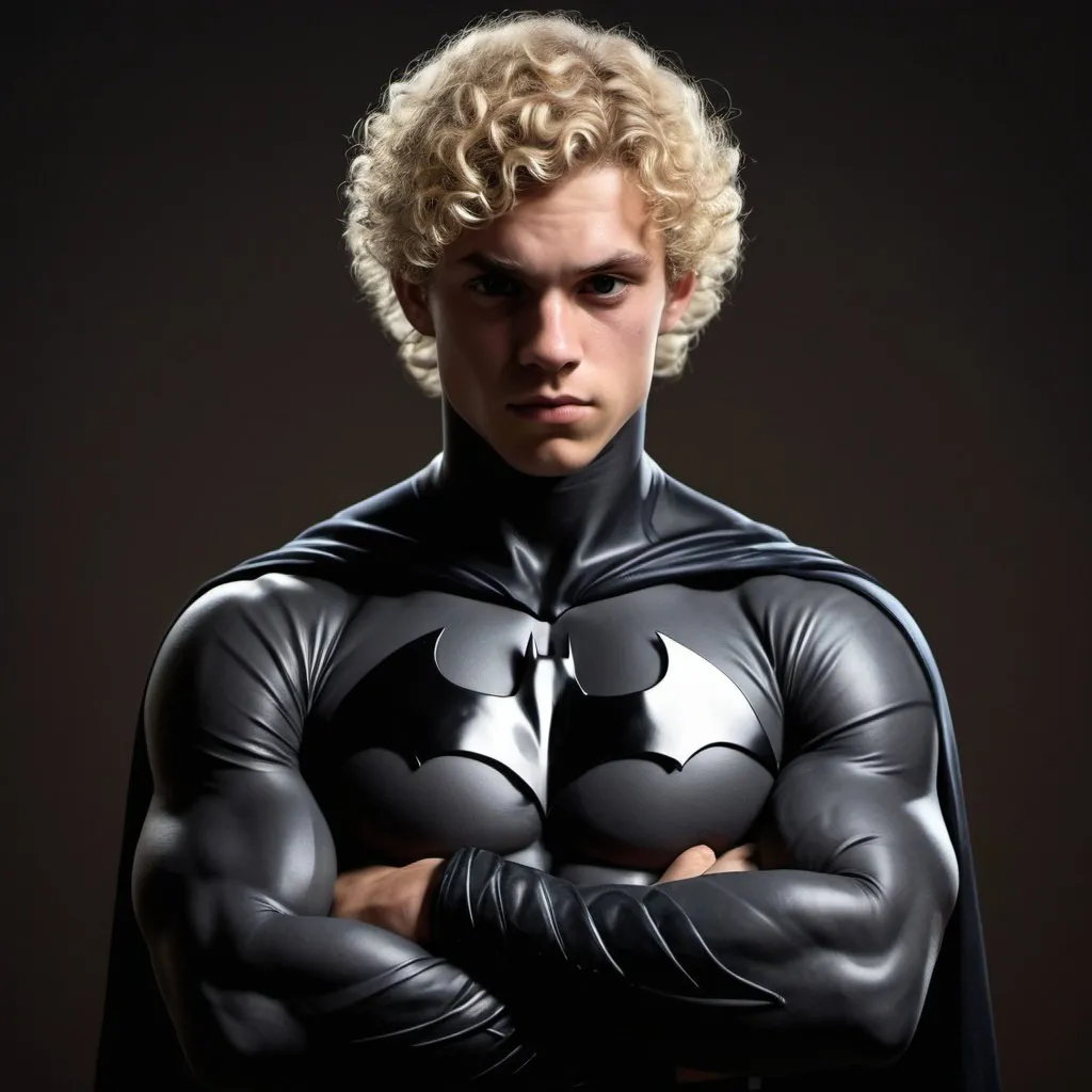 Prompt: photorealistic shadowy picture of a 20 year old muscular blond man with curly hair, wearing a batman outfit with his arms folded across chest

