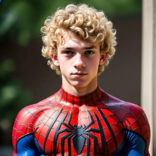 Prompt: 16 year old slim muscular blond boy with curly hair, wearing a spiderman outfit without the mask
