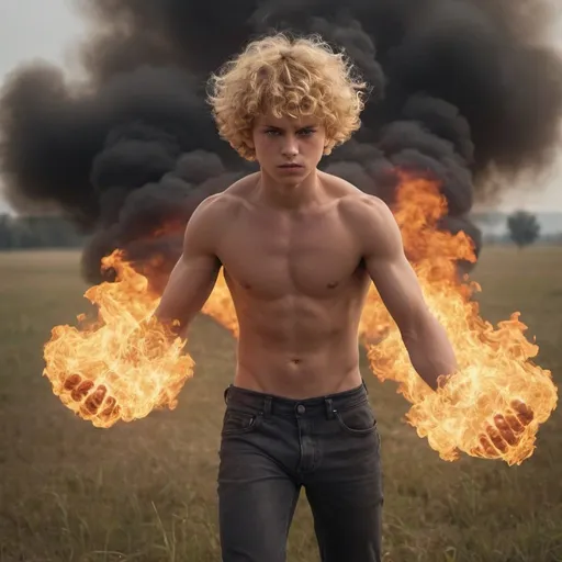 Prompt: photorealistic action shot of pyrokinetic; human on fire; flaming; burning; surrounding; flowing over; 18 year old boy; blond flaming curly hair; muscular; smoke; flame; burning; field of view 
