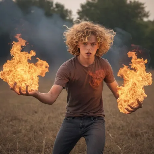 Prompt: photorealistic action shot of pyrokinetic; human on fire; flaming; burning; surrounding; flowing over; 18 year old boy; blond flaming curly hair; smoke; muscular; smoke; flame; burning; surrounding; fireball hands; smoke; wind; field of view 

