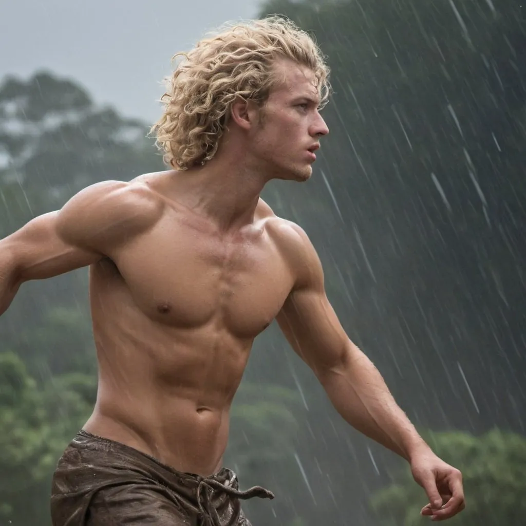 Prompt: action shot photorealistic side view of a blond curly haired bare chested  muscular 16 year old man deep tan sweaty jungle elephant loincloth ocean river spear lightning rain wind 
field of view 

