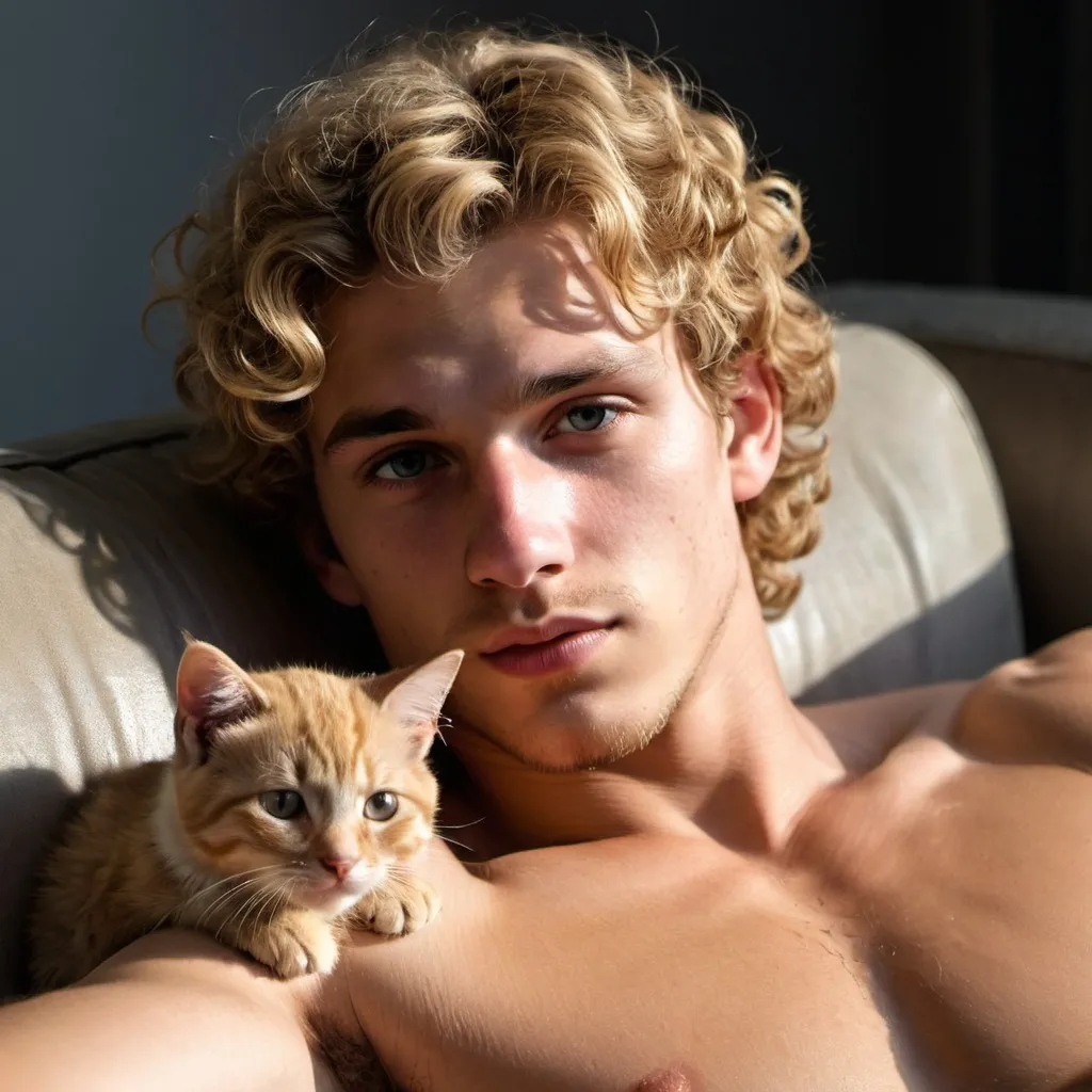 Prompt: long shot photorealistic shadowy side view of a sultry bare chested blond curly haired muscular 17 year old man laying on couch with kitten chest



