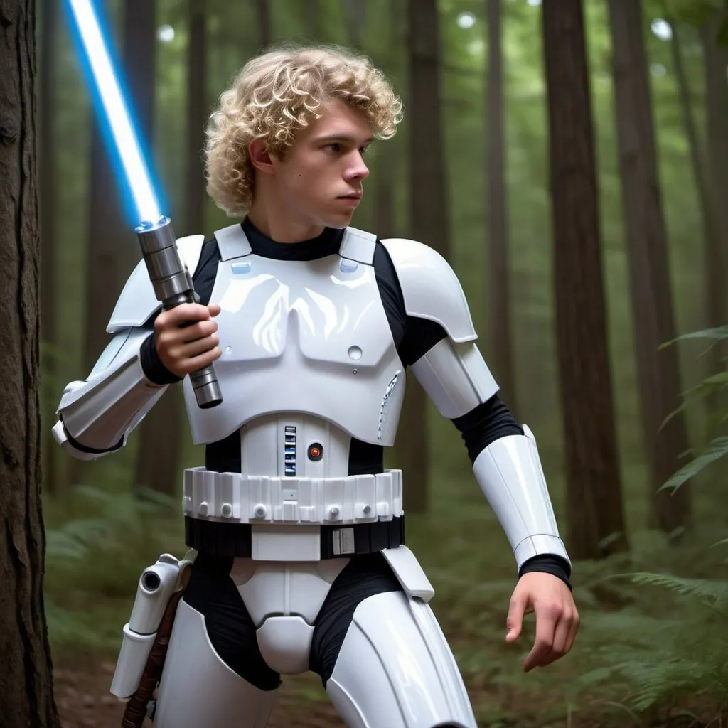 Prompt: action shot photorealistic side view of a blond curly haired bare chested  muscular 16 year old man blue light-saber 
star-wars woods walker storm-trooper android speeder

