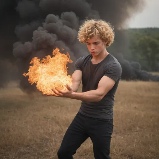 Prompt: photorealistic action shot of pyrokinetic; human on fire; flaming; burning; surrounding; flowing over; 18 year old boy; blond flaming curly hair; smoke; muscular; smoke; flame; burning; surrounding; fireball hands; smoke; wind; field of view 
